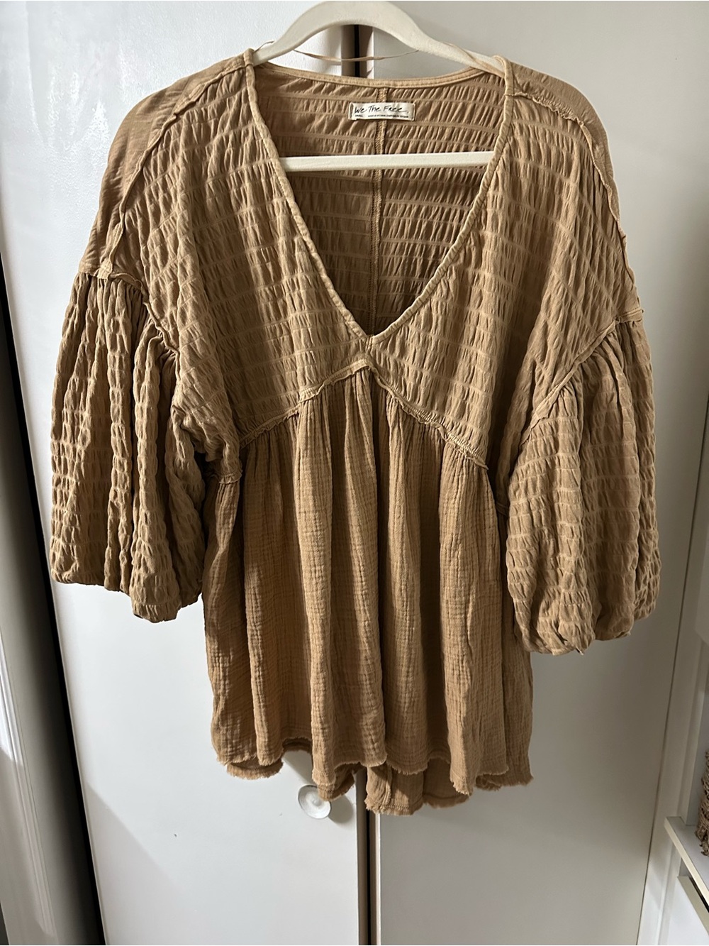 Free People Camel Gauze V-Neck Peasant Tunic